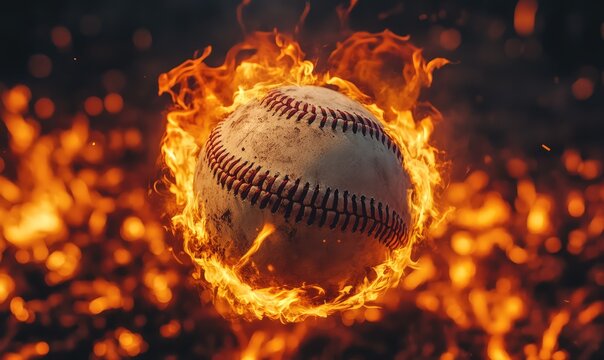 A baseball engulfed in flames, with a blurred background of more flames
