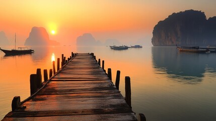 Obraz premium Sunrise over calm water, wooden pier leading into mist