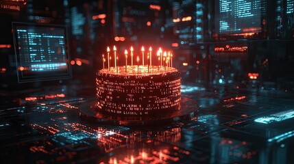 A digital birthday cake with lit candles sits on a futuristic circuit board.