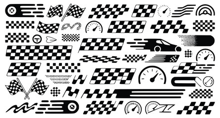 Racing graphics set featuring checkered flags speedometers and car silhouette vector