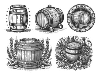 whiskey and beer keg barrel with floral, grain, and decorative elements in retro style set collection bundle sketch engraving generative ai vector illustration. Scratch board. Black and white image.