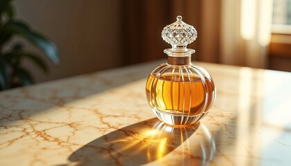 Elegant vintage perfume bottle on marble table in sunlight