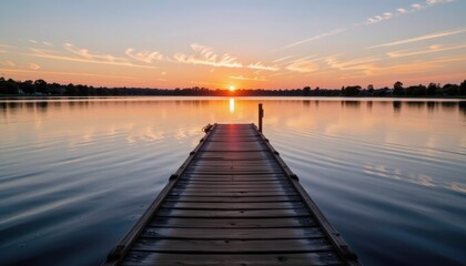 Naklejka premium Tranquil sunset over a serene lake and wooden dock.