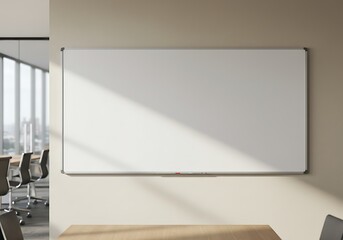 Whiteboard mounted on corporate meeting room wall, natural lighting, completely blank for adding graphics or texts.