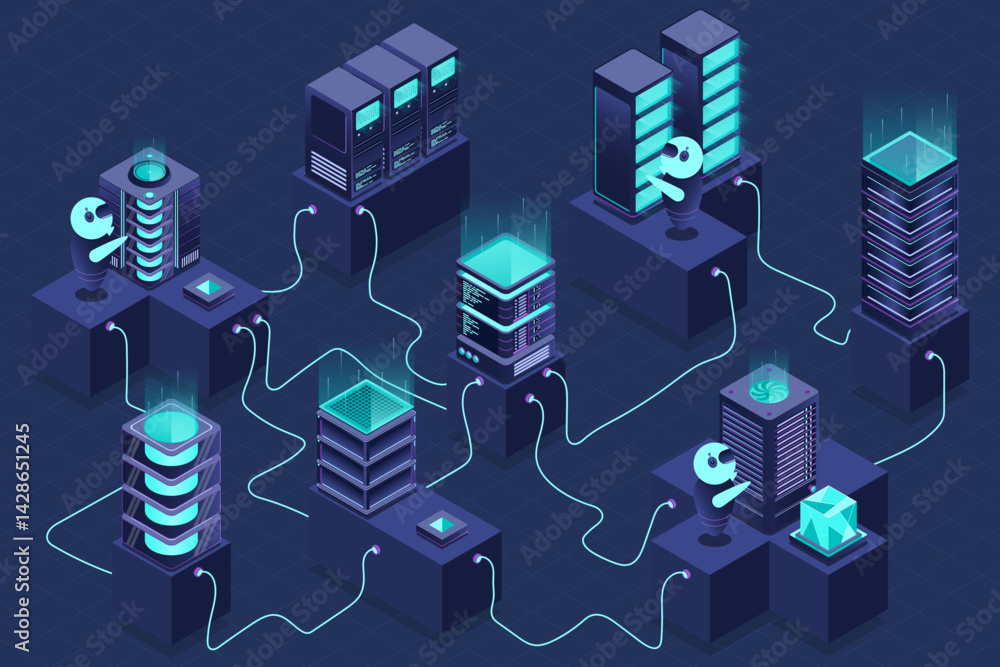 Poster 3d isometric concept big data center with server. cloud computing. network mainframe infrastructure.