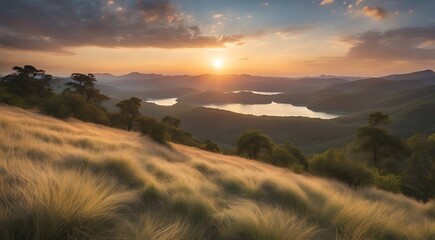 Obraz premium Golden sunset light bathes the mountains and valleys in warmth