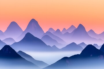 Fototapeta premium Serene Sunset Landscape Misty Mountains at Dawn A breathtaking view of majestic peaks bathed in soft light