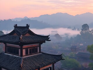 Obraz premium Serene Sunrise Over Misty Mountain Village Traditional Chinese Architecture at Dawn
