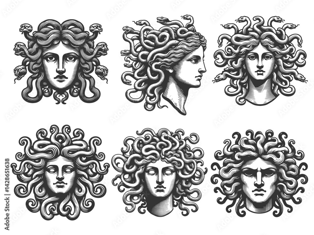 Poster medusa head set collection bundle sketch engraving generative ai vector illustration. scratch board 