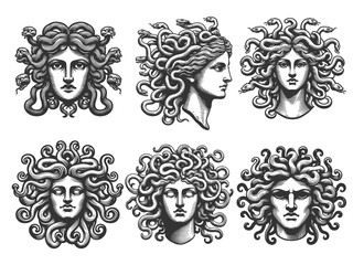 Fototapeta na wymiar Medusa head set collection bundle sketch engraving generative ai vector illustration. Scratch board imitation. Black and white image.