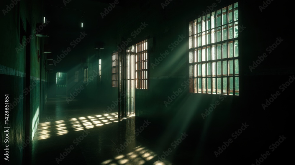 Aufkleber a stunning image of this image shows a dimly lit prison corridor where sunlight filters through barr