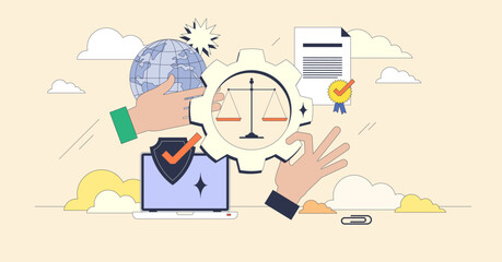 AI governance is illustrated by hands interacting with a globe, laptop, and justice scale, symbolizing regulation and oversight. Neubrutalism hands concept