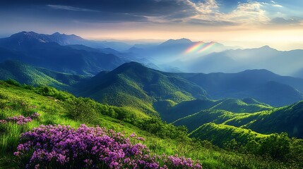 Majestic mountain range panorama with vibrant greenery and purple blossoms.