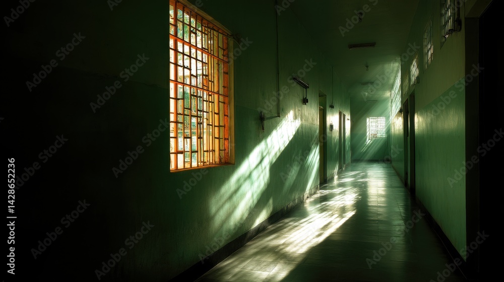 Poster a stunning image of this image shows a dimly lit prison corridor where sunlight filters through barr