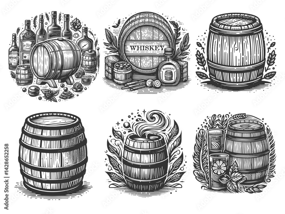 Poster whiskey and beer keg barrel with floral, grain, and decorative elements in retro style set collectio