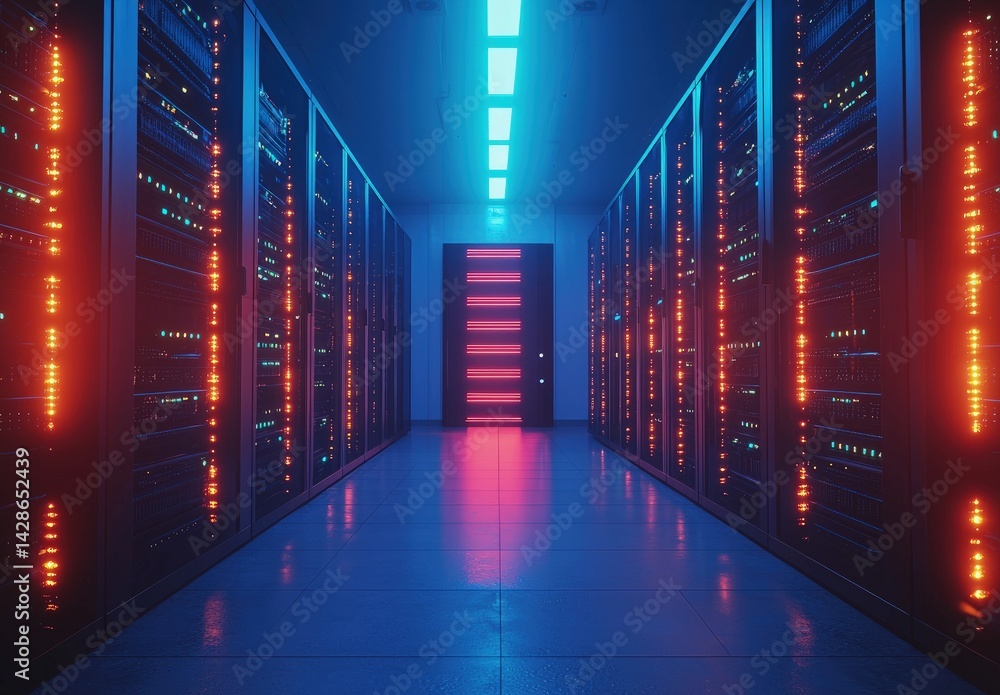 Poster Futuristic server room with vivid red and blue lighting and glowing symmetrical racks. Perfect for AI infrastructure, cybersecurity themes, and next-gen cloud computing visuals