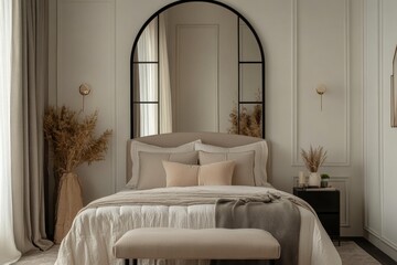 Elegant bedroom with a large arched mirror