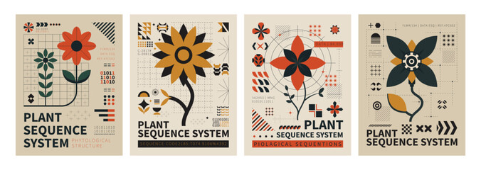 Geometric Flower Pattern: A set of four abstract geometric posters featuring stylized floral motifs in bold colors, incorporating a variety of shapes, patterns, and textures.