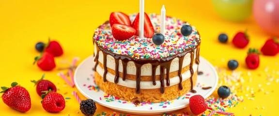 Birthday cake, yellow background, rainbow frosting, berries, chocolate drizzle, sprinkles, birthday cake, berries