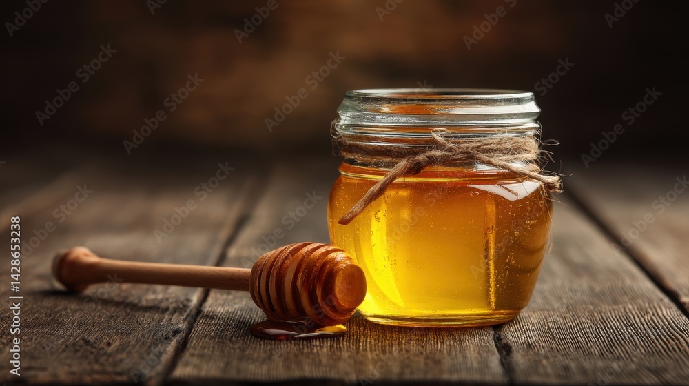 Aufkleber a stunning image of rustic and inviting image of a jar filled with golden honey on a wooden table, c