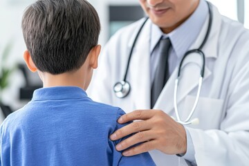 A doctor comforts a young patient in a clinical setting, emphasizing care and professionalism in healthcare.