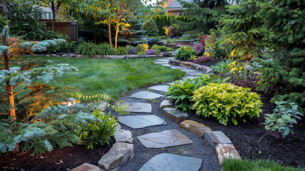 Stepping stones lead the way through the garden's natural beauty