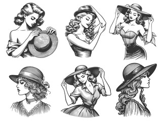 Fototapeta na wymiar women in retro dresses and wide-brimmed hats, vintage elegance and charm Set collection bundle sketch engraving generative ai vector illustration. Scratch board imitation. Black and white image.