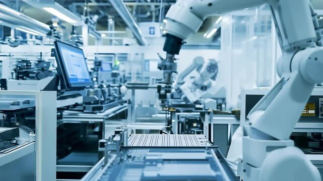 最先端の工場で電子基板を組み立てるロボットアーム
