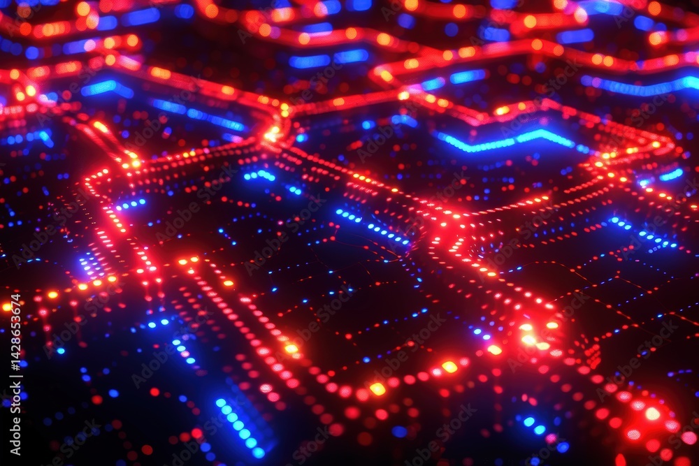 Poster a vibrant display of blue and red lights creating an abstract, circuit-like pattern, suggesting a hi