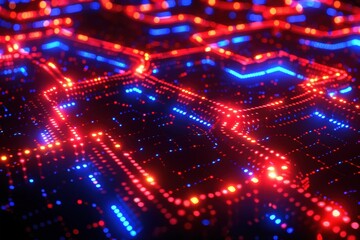 Fototapeta premium A vibrant display of blue and red lights creating an abstract, circuit-like pattern, suggesting a high-tech or digital theme.