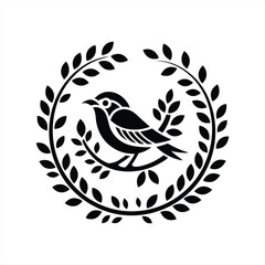 Stylized bird silhouette vector with layered laurel wreath in black and white for elegant nature and wildlife design
