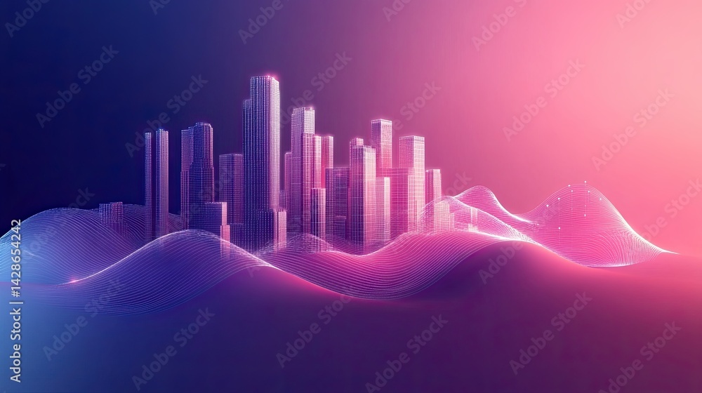 Poster modern cityscape visualization with abstract data waves and glowing lines