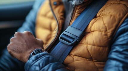 Close-up of a man fastening his seatbelt in a car.
