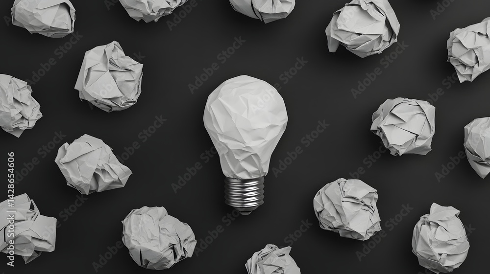 Poster crumpled paper forming a creative light bulb representing innovative problem-solving