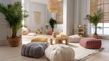 Obraz premium A bohemian prayer retreat room with macrame wall hangings and sunlight through woven shade onto colorful floor pillows