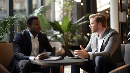 Focused Collaboration: Two professional men in a modern office engage in a productive conversation. Their expressions and body language suggest a dynamic exchange of ideas.