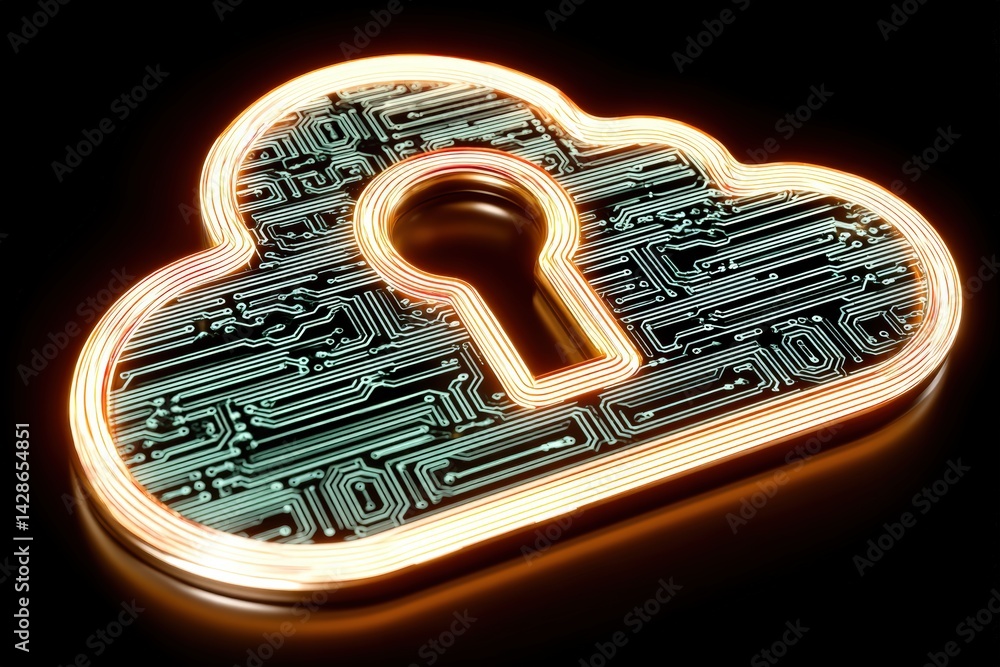 Poster a glowing cloud shape with a keyhole, featuring intricate circuit patterns, symbolizes digital secur
