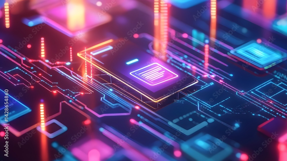 Poster digital circuitry design: a vibrant and intricate digital circuitry design, showcasing glowing lines