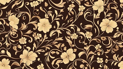 Ornate floral pattern with gold accents on a dark background.