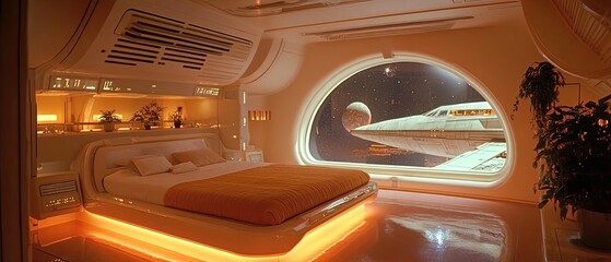 Futuristic bedroom with large window overlooking a spaceship in space.