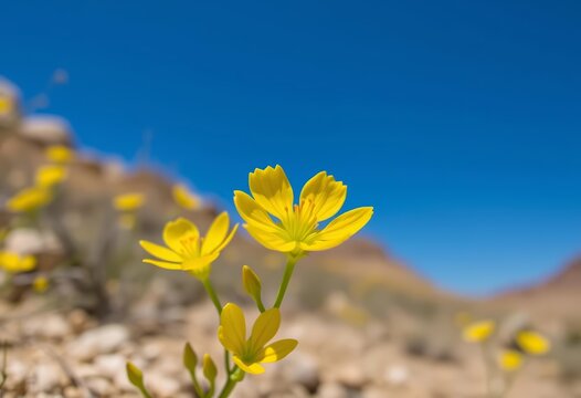 Bright yellow Moapa bladderpod (Physaria tenella) flowers blooming in Gold Butte National Monument, Nevada,  plant life, spring bloom