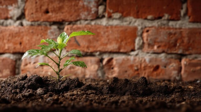 A young green plant growing in rich brown soil, supported by a strong brick wall in the background, representing growth and the balance of nature and urban life.