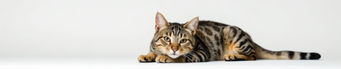 Fototapeta premium Calm adult tabby cat with stripes and whiskers resting on a plain white surface, grey, background