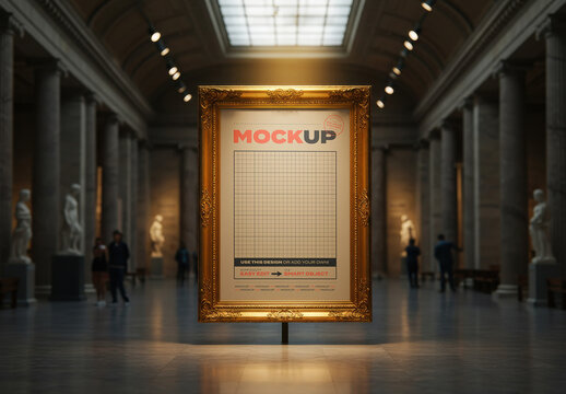 Vertical Stand Frame Poster Art Mockup on Museum