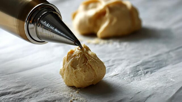Pastry bag with dough, ready for baking cream puffs or eclairs at home.