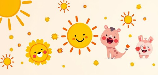 Fototapeta premium Cheerful cartoon animal & sun pattern on pastel background, pet, summer