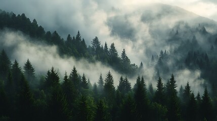Misty mountainside forest shrouded in a thick cloud cover.