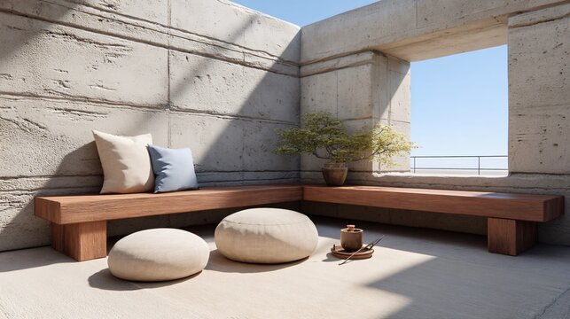 A modern prayer suite with textured concrete wall and slit window casting linear light patterns on prayer cushion and incense tray