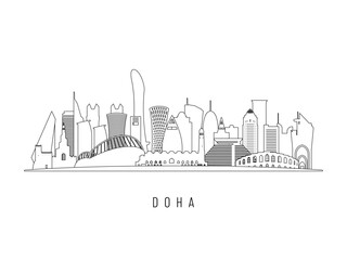 Detailed Doha skyline vector illustration. Doha buildings in line art style, perfect for modern designs.