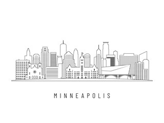 Detailed Minneapolis skyline vector illustration. Minneapolis buildings in line art style, perfect for modern designs.